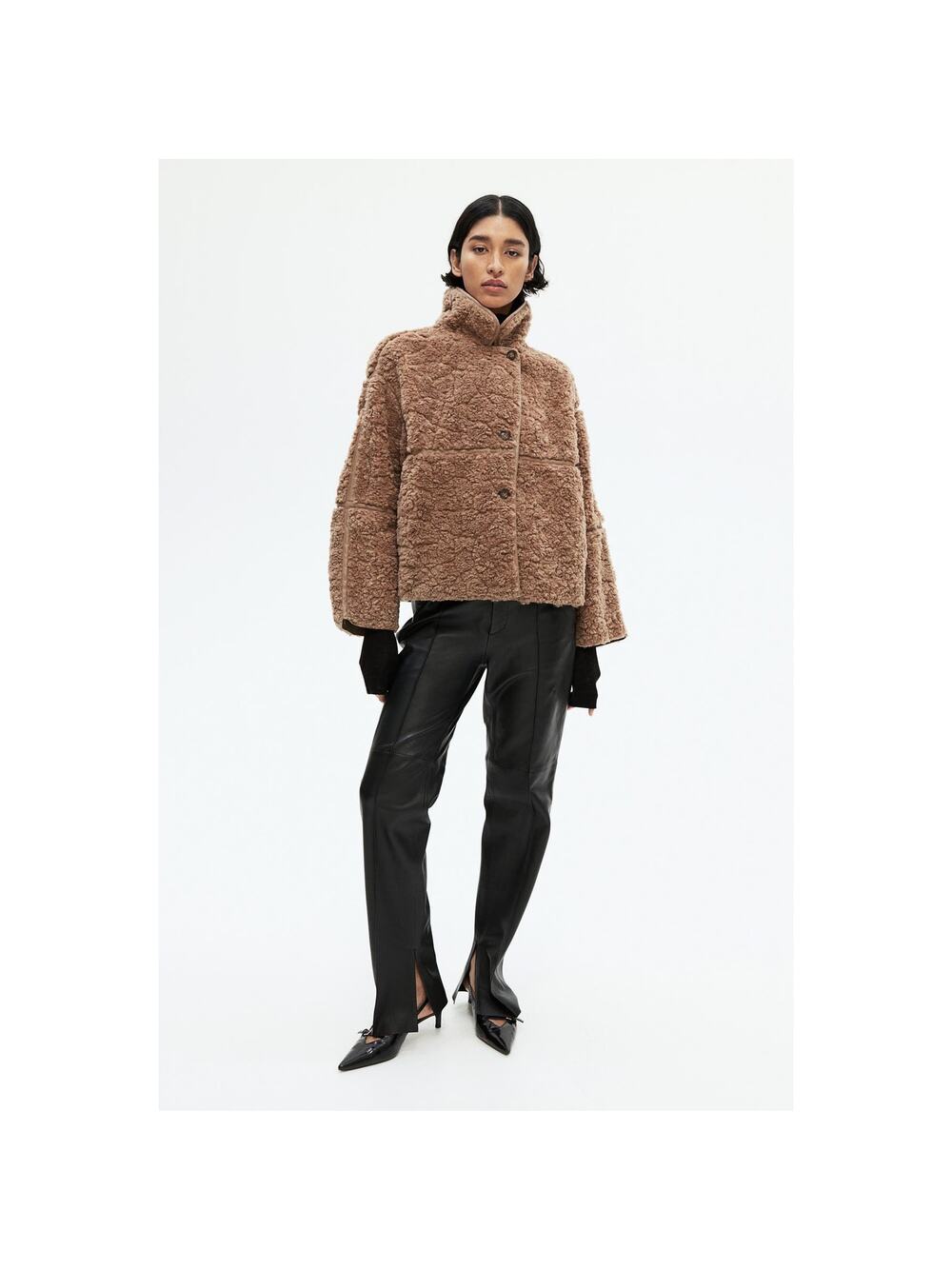 H&M Tan Faux Shearling Coat Women's Sz XS Button Up Teddy Sherpa Boxy Fit EUC